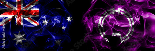 Flags of Australia, Australian vs Japan, Japanese, Rishirifuji, Hokkaido, Soya, Subprefecture. Smoke flag placed side by side on black background photo