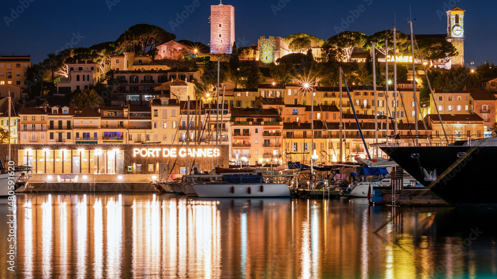View of sea port in Cannes at night, France