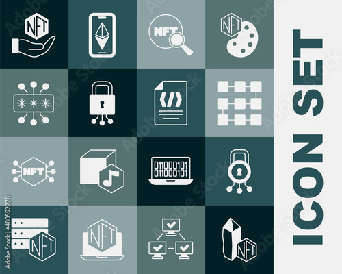Set NFT Digital crypto art, Cyber security, blockchain technology, Search, and Binary code icon. Vector