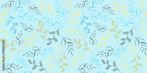 seamless botanical spring floral pattern with sprigs in trendy colors. Fantasy Botanical elements twigs and flowers. Vector illustration © Наталья Трубочнова