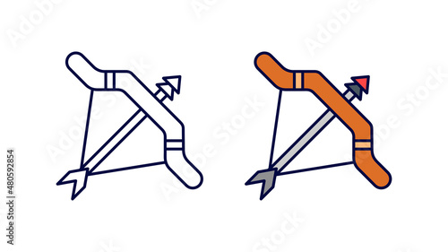 Wooden bow arrow icon set. Exclusive collection linear icon set with old bow arrow attached. Download creative war encounter related vector. Editable linear icon set. white background.