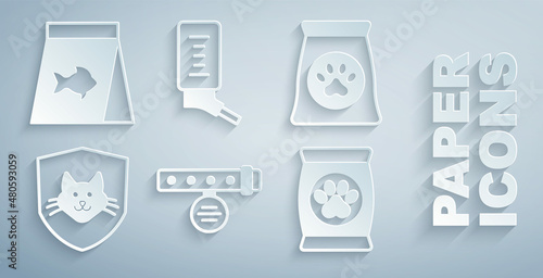Set Collar with name tag, Bag of food for pet, Animal health insurance, Drinker small pets and Food fish icon. Vector
