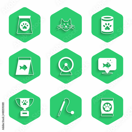 Set Hamster wheel, Pet cat toy, Bag of food for pet, Fish, award symbol, Food fish, Canned and icon. Vector