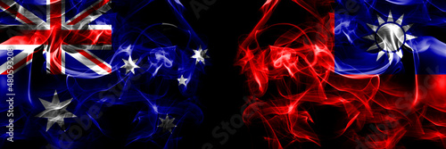Flags of Australia, Australian vs Taiwan, Taiwanese, China, Chinese. Smoke flag placed side by side on black background