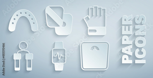 Set Smart watch with heart, MMA glove, Jump rope, Bathroom scales, Boxing training paws and Mouth guard boxer icon. Vector