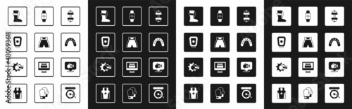 Set Dumbbell, Boxing short, training paws, Sport boxing shoes, Mouth guard boxer, Smart watch with heart, glove and Punch icon. Vector