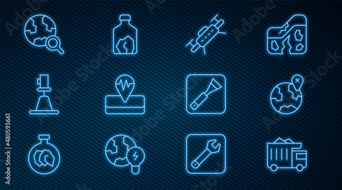 Set line Mining dump truck, Location on the globe, Drone, Earthquake, Tacheometer, theodolite, Magnifying glass with, Paint brush and Ore mining icon. Vector