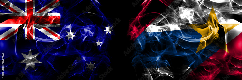Flags of Australia, Australian vs United States of America, America, US, USA, American, Lafayette, Indiana. Smoke flag placed side by side on black background