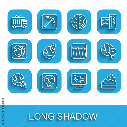 Set line Magnifying glass with globe, Archeology, Mining dump truck, Soil analysis, Ore mining, Location on the, Global planet bulb and Ground icon. Vector