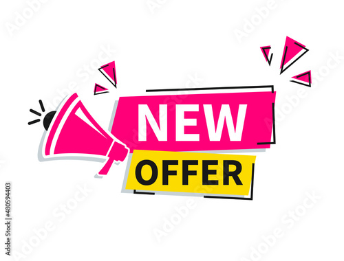 Modern vector banner ribbon new offer with megaphone. Web element.
