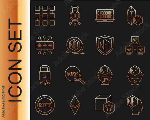 Set line NFT Digital crypto art, blockchain technology, Binary code, Cyber security, and shield icon. Vector