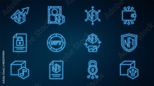 Set line NFT Digital crypto art, shield, blockchain technology, Document and, growth bar chart, and icon. Vector