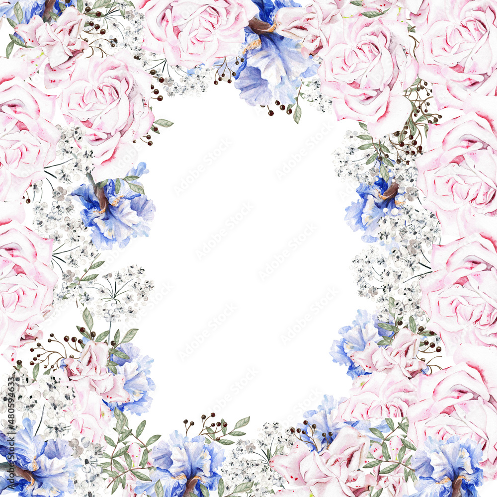 Beautiful watercolor card with roses and iris flowers. Beautiful watercolor card with roses and iris flowers.