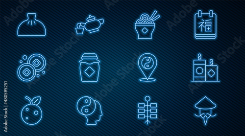 Set line Asian or Chinese conical straw hat, Firework, noodles bowl, Jar of honey, Yuan currency, Dumpling, Yin Yang symbol and tea ceremony icon. Vector