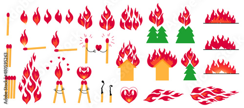 Set of Matches and Fire flames. Burning match on fire of love. Red fiery flames up forest and house. Hot flaming and tongues of fire elements. Prevention of wildfire, fire protection. Sketch vector.