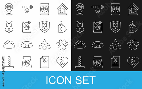 Set line Heart with dog, Paw print, Dog collar bone, Bag of food for pet, Calendar grooming, Location veterinary hospital and Animal health insurance icon. Vector