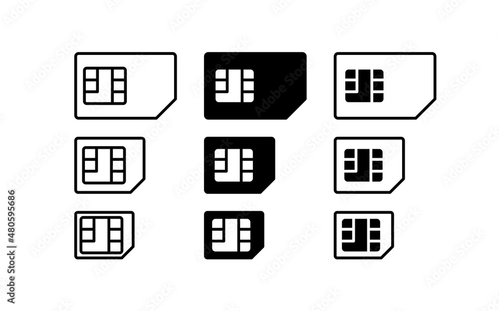 SIM card icons set. Subscriber Identification Module. Micro card for phone. Nano card for mobile communication. Isolated raster illustration on white background. SIM card icons set. Subscriber Identification Module. Micro card for phone. Nano card for mobile communication. Isolated raster illustration on white background.