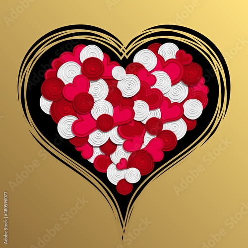 Carte or pour la saint Valentin avec un bouquet de fleurs rouges et rose formant un gros cœur.