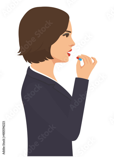Sick woman takes a pill or supplement or vitamin. Vector flat illustration