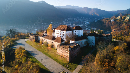 Aerial drone view of The Citadel in Brasov at sunrise, Romania