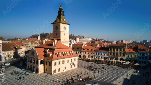 Aerial drone view of The Council Square in Brasov, Romania