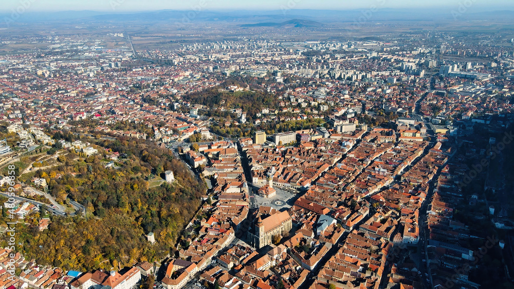 Aerial drone view of Brasov, Romania