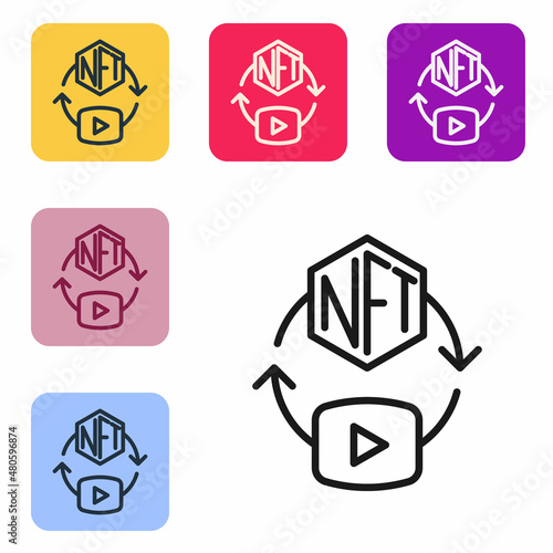 Black line NFT Digital crypto art icon isolated on white background. Non fungible token. Set icons in color square buttons. Vector