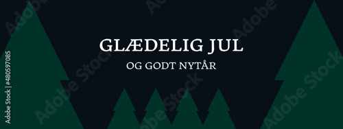 Julekort på en mørkeblå baggrund. Glædelig jul tekst med juletræer, Vector