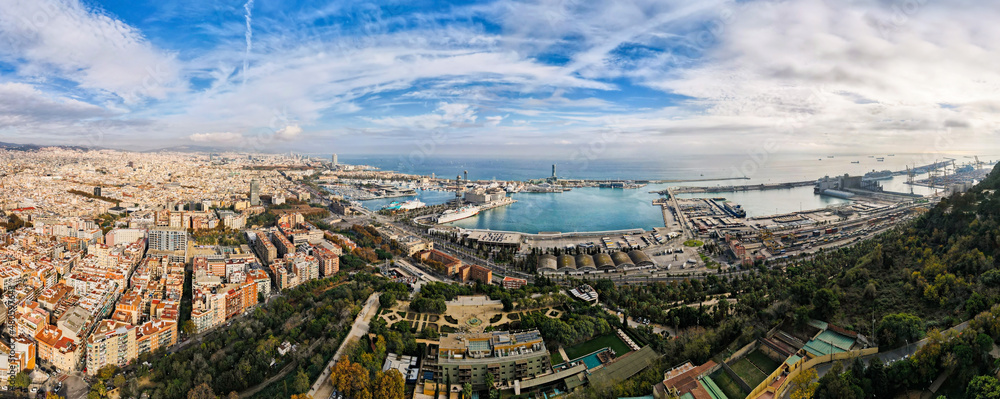 Aerial drone panoramic view of Barcelona, Spain
