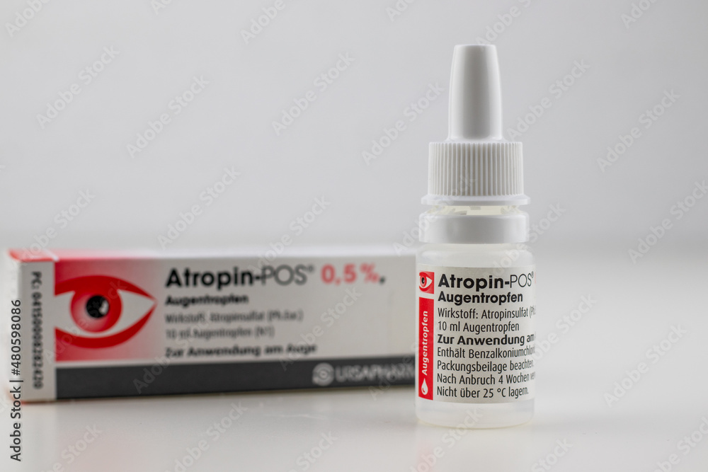 bottle and pack of the drug Atropine, focus on the bottle on January  15.2022 in Berlin, Germany Stock Photo | Adobe Stock