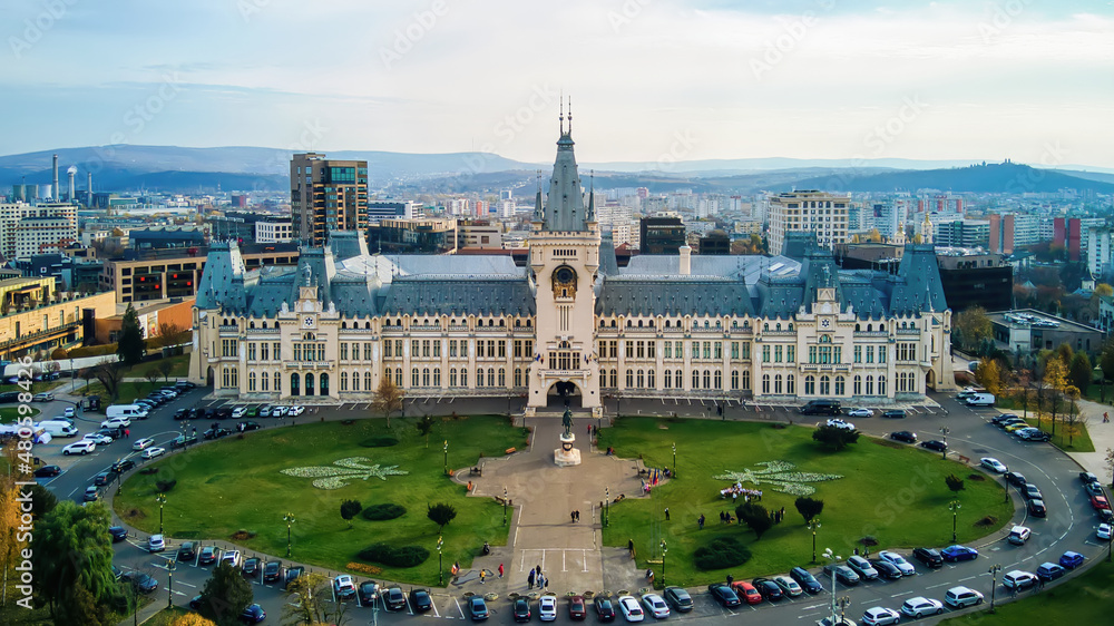 Aerial drone view of the Palace of Culture in Iasi, Romani