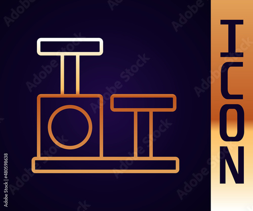 Gold line Cat scratching post with toy icon isolated on black background. Vector