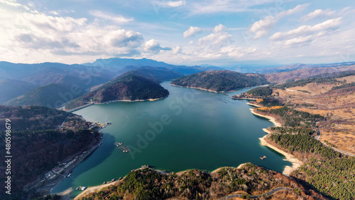 Aerial drone panoramic view of Bicaz lake and dam in Romania