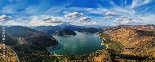 Aerial drone panoramic view of Bicaz lake and dam in Romania