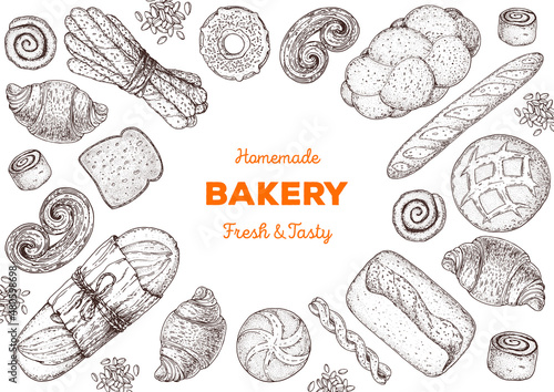 Illustration of different baked goods. Hand drawn vector illustration. Bakery sketch. Background template for design. Engraved food image. Hand drawn sketch with bread, pastry, sweet.
