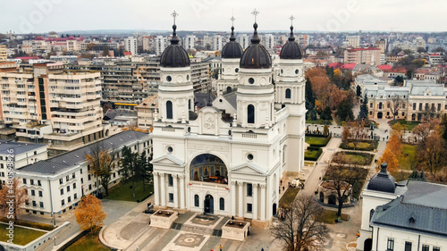 Aerial drone view of the The Metropolitan Cathedral in Iasi, Romania