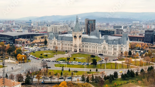 Aerial drone view of the Palace of Culture in Iasi, Romani