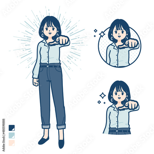オープンカラーシャツを着た若い女性が正面を指差しているイラスト
