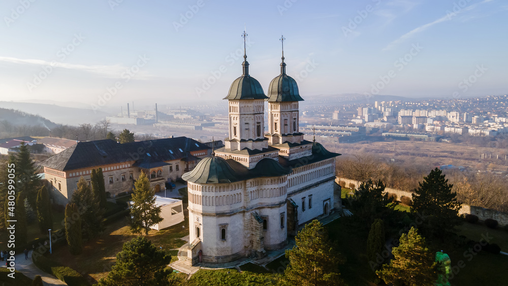 Aerial drone view of the Cetatuia Monastery in Iasi, Romania