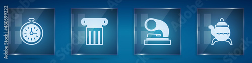 Set Pocket watch, Ancient column, Old gramophone and Classic teapot. Square glass panels. Vector