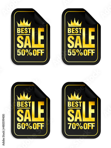 Sale black stickers set with gold text, crown icon. Best Sale 50%, 55%, 60%, 70% off
