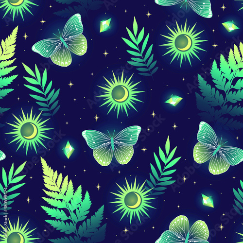Magic celestial seamless pattern with herbs. Boho magic background with violet space elements stars, butterflies. Vector doodle texture.
