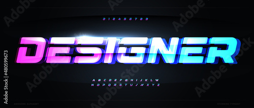 Electronic glow color letters with cyber distortion effect. Bright light font for futuristic tech design. Glitch style alphabet design for music and sport logo, neon gambling headline, hud text