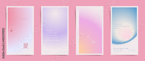 Japanese means - love, i love you. Valentine day stories banners fashion template posts. Modern design for stories and promo posts. Design with vibrant gradients in pink, blue and lilac colors set.