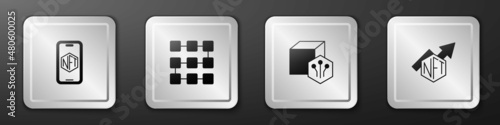 Set Mobile with art store app, NFT blockchain technology, Digital crypto and growth bar chart icon. Silver square button. Vector
