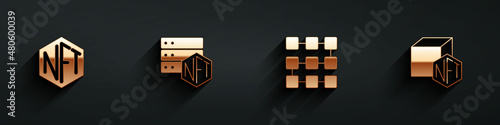 Set NFT Digital crypto art, blockchain technology, and icon with long shadow. Vector