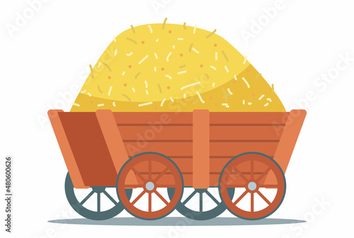 yellow haystack in a wooden cart. flat vector illustration.