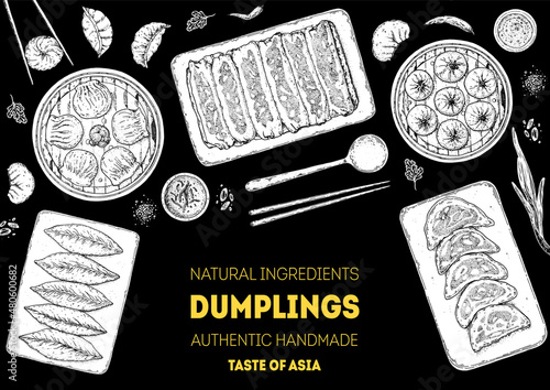 Dumplings top view frame. Food menu design template. Hand drawn vector illustration. Chinese dumplings. Vintage illustration. Hand drawn food sketch. Design template.