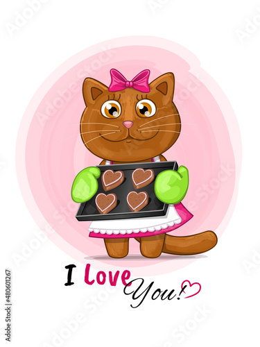 Postcard with cartoon cute cinnamon British cat girl with heart shaped cookies. Vector Illustration