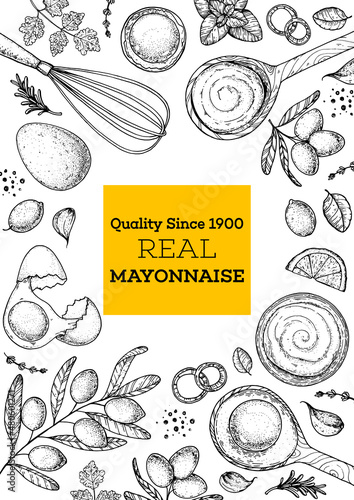 Mayonnaise sauce cooking and ingredients sketch, hand drawn vector illustration. Homemade mayonnaise sauce, design elements. Hand drawn, package design.